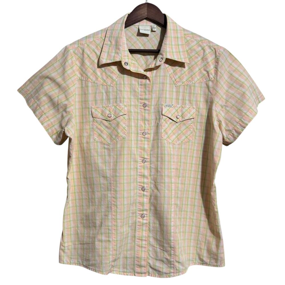 Rockies pink and green plaid short sleeve pearl snap top - women's XL